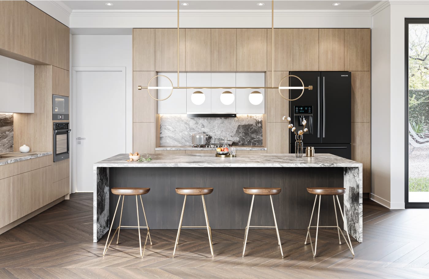 A modern Fabuwood kitchen with light wood cabinetry, marble island, and herringbone flooring.