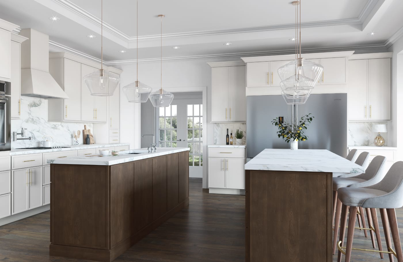 Ovela kitchen with cream cabinetry, dark wood island, and warm lighting.